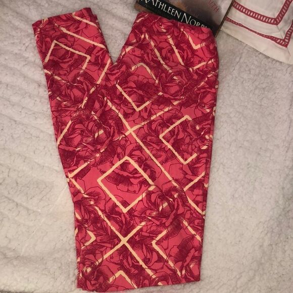 LuLaRoe S-M-L Regular OS Leggings Coral Red Yellow Floral - Picture 1 of 4